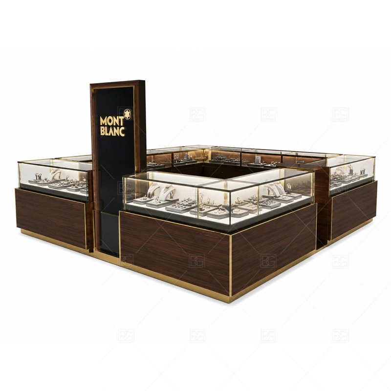 Dark Wood Jewelry Kiosk with Black Sign with black contrast panels for stronger luxury visibility shown in the dark wood jewelry kiosk with black sign product photos, with balanced glass counter planning for jewelry, watch, and accessory display
