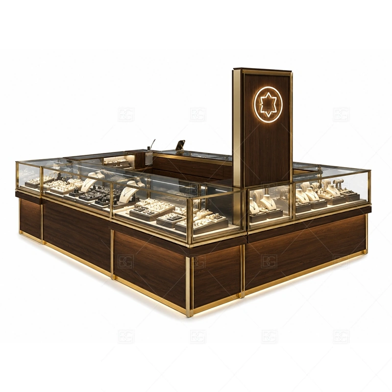 Dark Wood Jewelry Kiosk with Black Sign layout showing island layout with strong sign contrast shown in the dark wood jewelry kiosk with black sign product photos, with premium retail traffic where lighting, glass clarity, and brand finish affect purchase confidence