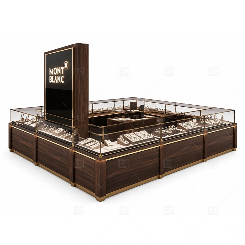 Dark Wood Jewelry Kiosk with Black Sign glass display detail for glass counter displays around the kiosk planned for rings, necklaces, watches, bracelets, gift sets, and small accessories in the dark wood jewelry kiosk with black sign layout