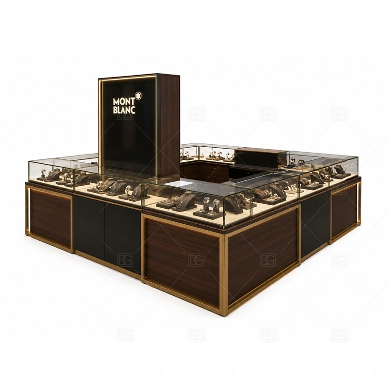 Dark Wood Jewelry Kiosk with Black Sign lighting detail for LED strips, showcase spotlights, and warmer jewelry lighting adjusted around wood veneer finish, black sign panels, and glass showcases for the dark wood jewelry kiosk with black sign detail set