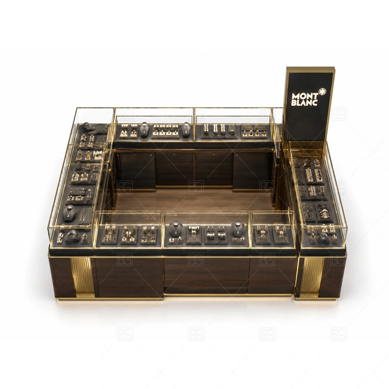 Dark Wood Jewelry Kiosk with Black Sign storage and security detail for under-counter tray drawers, lockable stock cabinets, POS space, and packaging storage planned for dark wood jewelry kiosk with black sign
