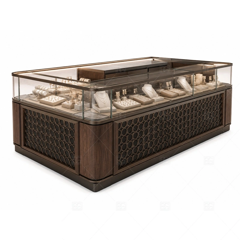 Dark Wood Jewelry Kiosk with Glass Counter with wood grain surfaces for a warmer handcrafted retail impression shown in the dark wood jewelry kiosk with glass counter product photos, with glass showcase planning for secure jewelry display and clear product viewing