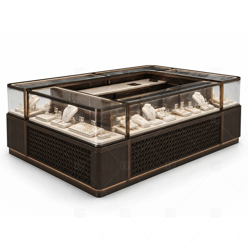 Dark Wood Jewelry Kiosk with Glass Counter layout showing straight glass counter layout shown in the dark wood jewelry kiosk with glass counter product photos, with gift-shopping traffic where quick browsing and secure staff access need to work together