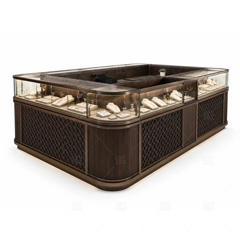 Dark Wood Jewelry Kiosk with Glass Counter glass display detail for continuous glass counters for organized jewelry trays planned for rings, necklaces, watches, bracelets, gift sets, and small accessories in the dark wood jewelry kiosk with glass counter layout