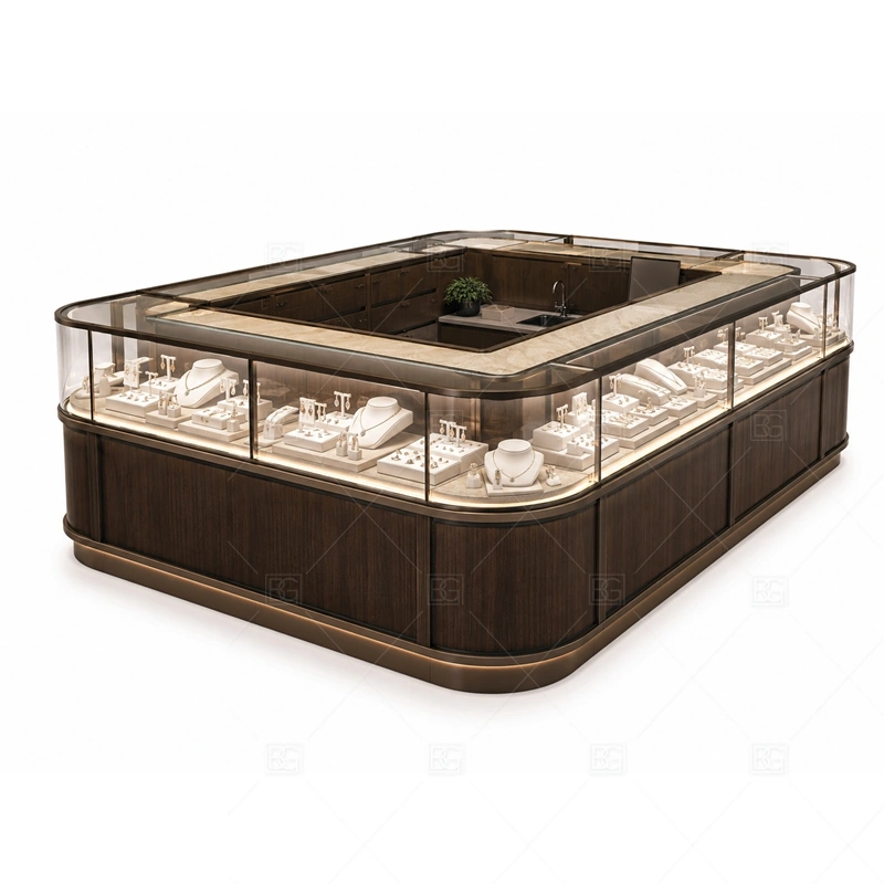Dark Wood Jewelry Kiosk with Glass Counter lighting detail for LED strips, showcase spotlights, and warmer jewelry lighting adjusted around dark veneer panels, glass counter tops, and metal fittings for the dark wood jewelry kiosk with glass counter detail set