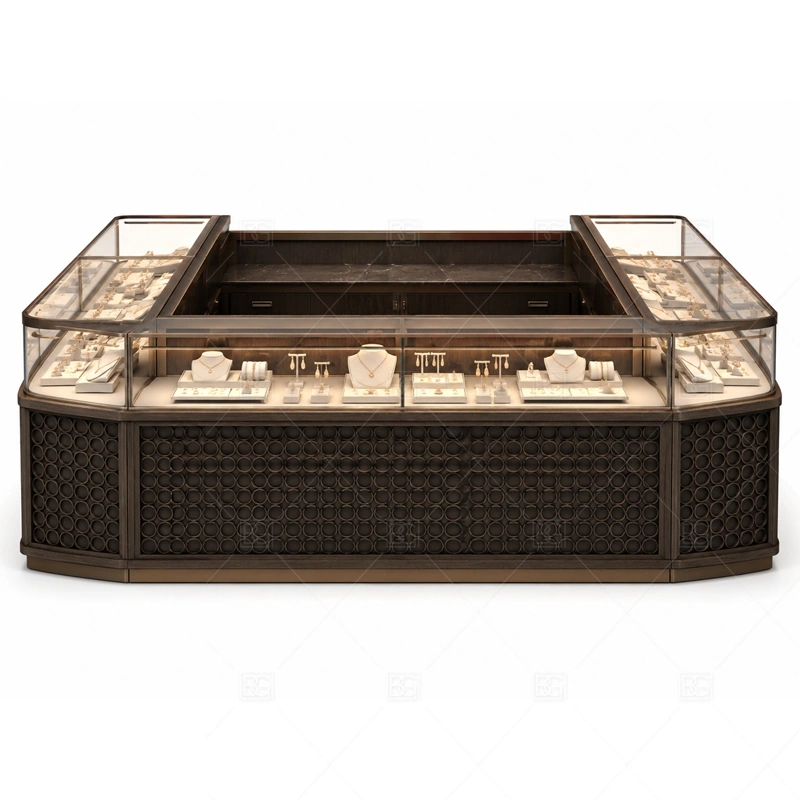 Dark Wood Jewelry Kiosk with Glass Counter brand signage detail for simple logo panels that can be lit or metal finished coordinated with wood grain surfaces for a warmer handcrafted retail impression for the dark wood jewelry kiosk with glass counter front presentation