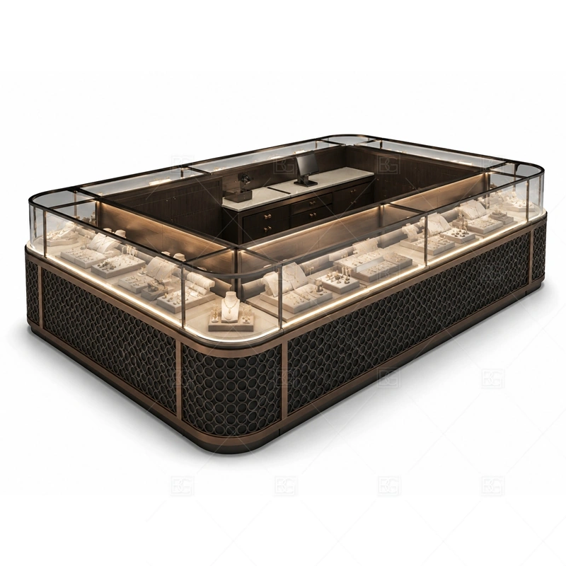 Dark Wood Jewelry Kiosk with Glass Counter storage and security detail for under-counter tray drawers, lockable stock cabinets, POS space, and packaging storage planned for dark wood jewelry kiosk with glass counter