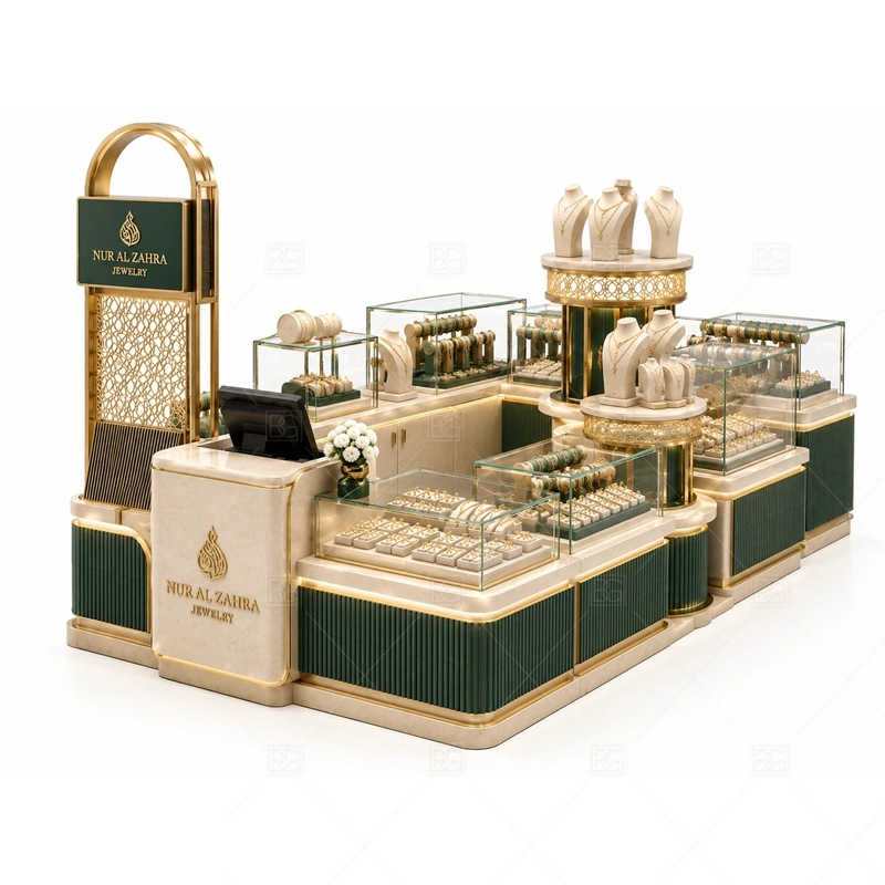 Emerald Green Jewelry Kiosk with Gold Trim with warm gold accents for a premium jewelry presentation shown in the emerald green jewelry kiosk with gold trim product photos, with balanced glass counter planning for jewelry, watch, and accessory display