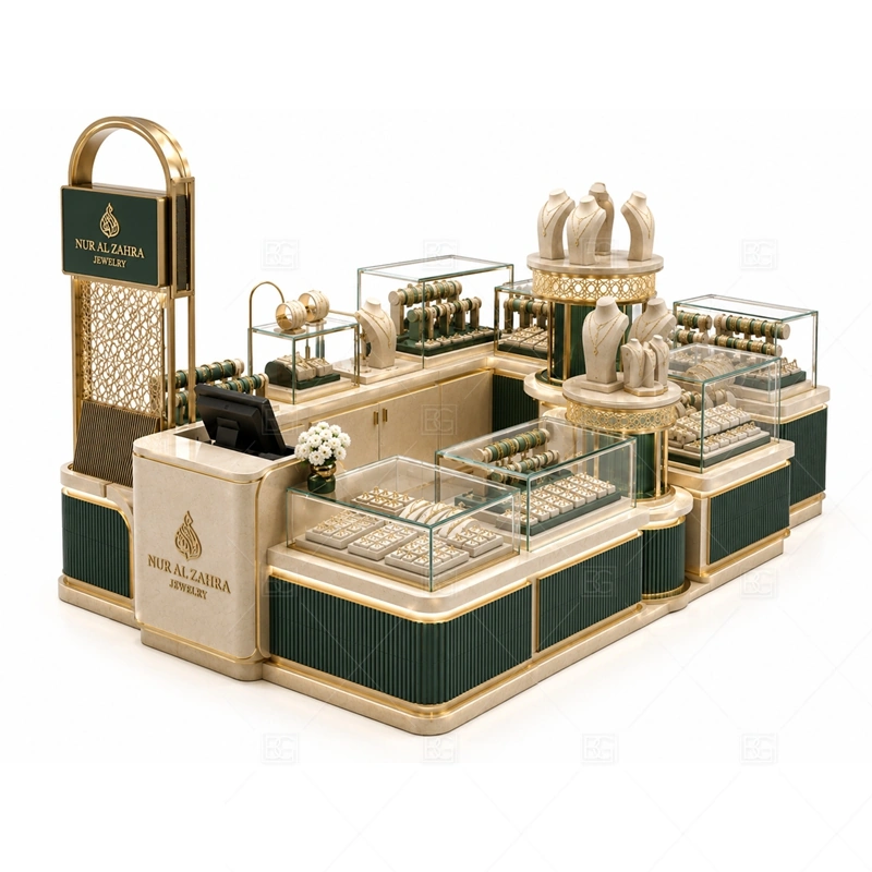 Emerald Green Jewelry Kiosk with Gold Trim layout showing premium island booth layout shown in the emerald green jewelry kiosk with gold trim product photos, with premium retail traffic where lighting, glass clarity, and brand finish affect purchase confidence