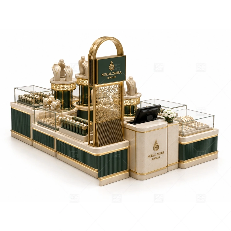 Emerald Green Jewelry Kiosk with Gold Trim glass display detail for glass showcases with warm accent lighting planned for rings, necklaces, watches, bracelets, gift sets, and small accessories in the emerald green jewelry kiosk with gold trim layout