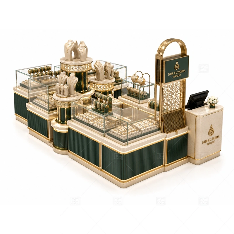 Emerald Green Jewelry Kiosk with Gold Trim lighting detail for LED strips, showcase spotlights, and warmer jewelry lighting adjusted around green lacquer or laminate, gold metal trim, and glass showcases for the emerald green jewelry kiosk with gold trim detail set