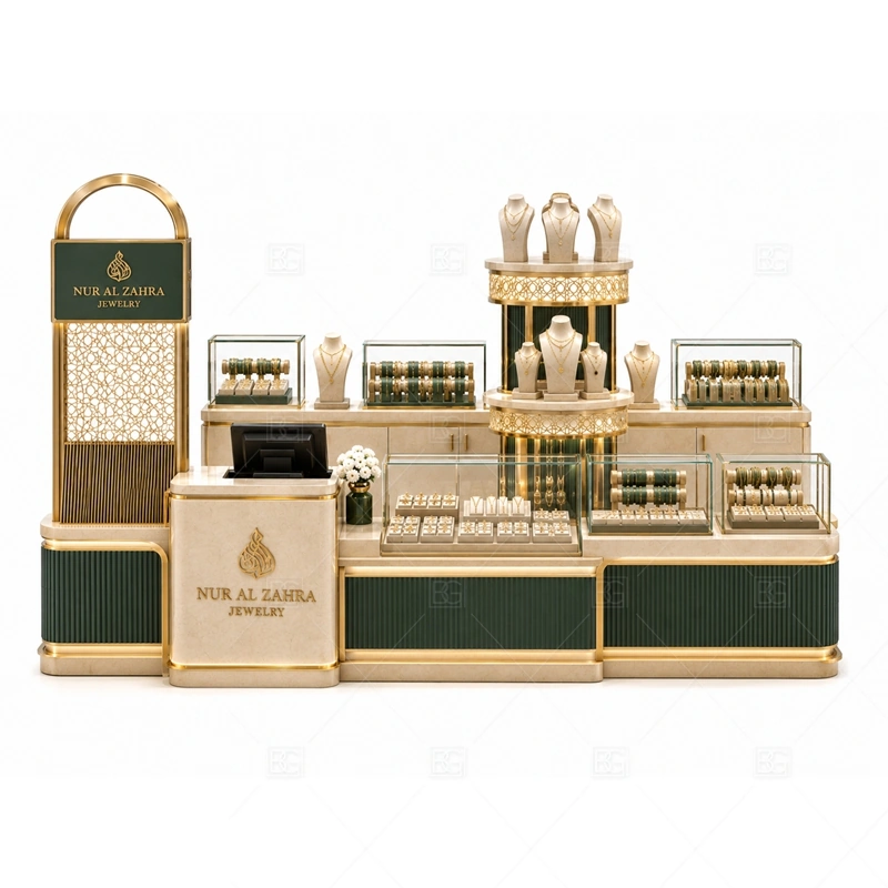 Emerald Green Jewelry Kiosk with Gold Trim brand signage detail for gold-trimmed logo sign and front brand panels coordinated with warm gold accents for a premium jewelry presentation for the emerald green jewelry kiosk with gold trim front presentation