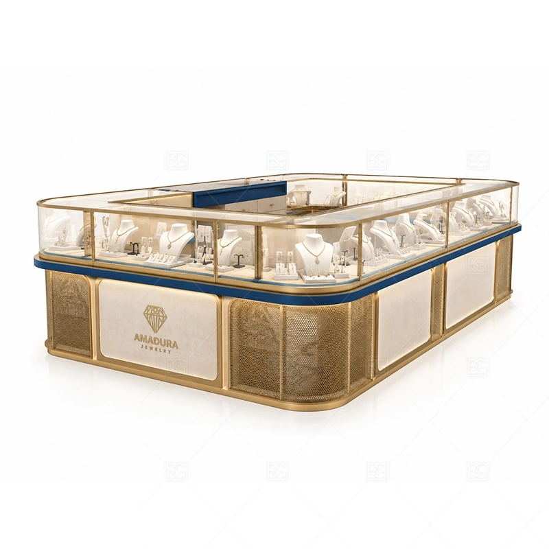 Gold Champagne Jewelry Kiosk with Logo Panel with warm gold accents for a premium jewelry presentation shown in the gold champagne jewelry kiosk with logo panel product photos, with logo-led brand presentation for stronger recognition from the mall walkway