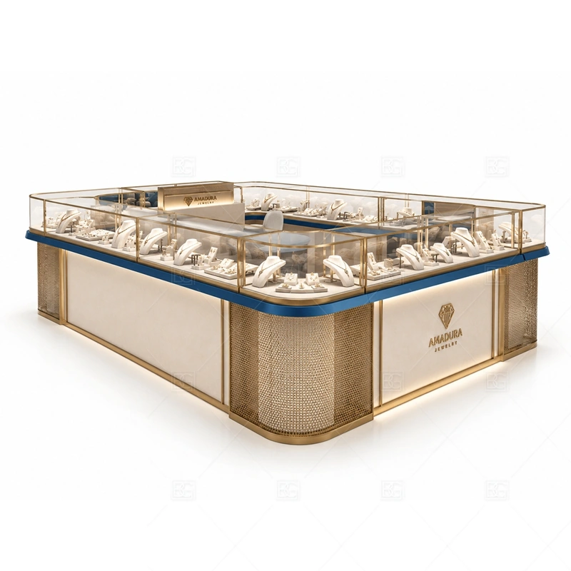 Gold Champagne Jewelry Kiosk with Logo Panel layout showing balanced island counter layout shown in the gold champagne jewelry kiosk with logo panel product photos, with premium retail traffic where lighting, glass clarity, and brand finish affect purchase confidence