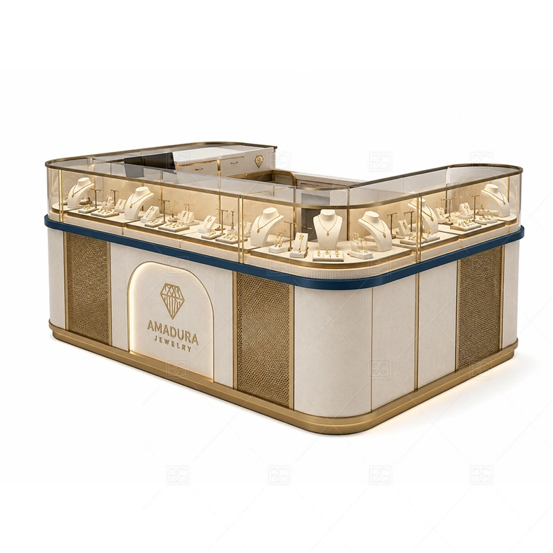 Gold Champagne Jewelry Kiosk with Logo Panel glass display detail for glass display counters for jewelry sets planned for rings, necklaces, watches, bracelets, gift sets, and small accessories in the gold champagne jewelry kiosk with logo panel layout