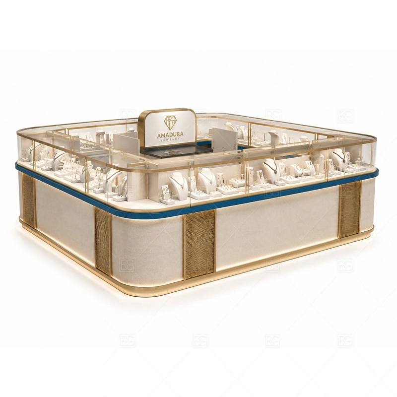 Gold Champagne Jewelry Kiosk with Logo Panel lighting detail for LED strips, showcase spotlights, and warmer jewelry lighting adjusted around champagne finish, gold trim, and tempered glass for the gold champagne jewelry kiosk with logo panel detail set
