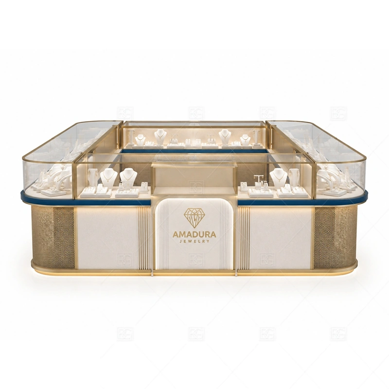 Gold Champagne Jewelry Kiosk with Logo Panel brand signage detail for dedicated logo panel for brand recognition coordinated with warm gold accents for a premium jewelry presentation for the gold champagne jewelry kiosk with logo panel front presentation