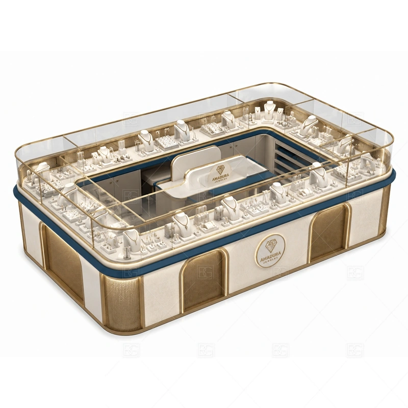 Gold Champagne Jewelry Kiosk with Logo Panel storage and security detail for under-counter tray drawers, lockable stock cabinets, POS space, and packaging storage planned for gold champagne jewelry kiosk with logo panel