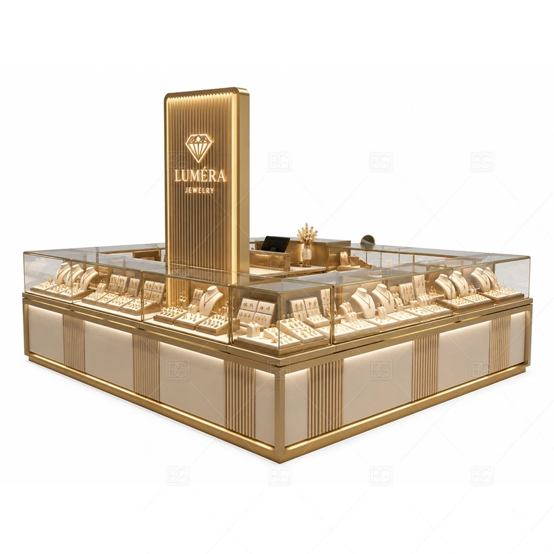 Gold Frame Jewelry Kiosk with Open Display with warm gold accents for a premium jewelry presentation shown in the gold frame jewelry kiosk with open display product photos, with open base styling paired with protected product display zones