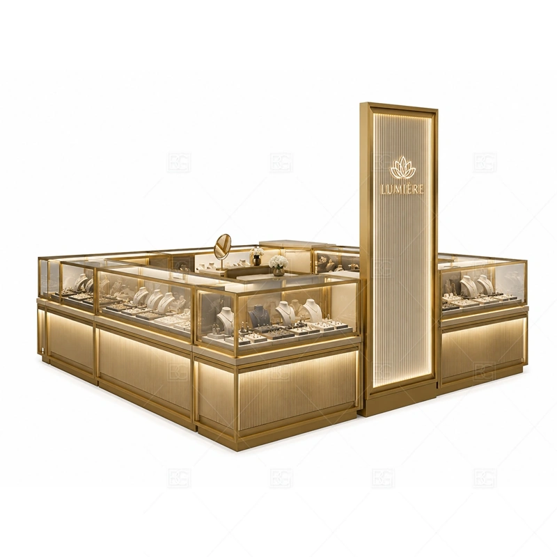 Gold Frame Jewelry Kiosk with Open Display layout showing open frame island layout shown in the gold frame jewelry kiosk with open display product photos, with premium retail traffic where lighting, glass clarity, and brand finish affect purchase confidence