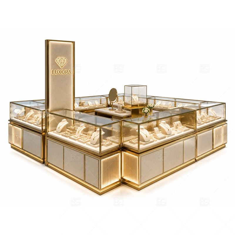 Gold Frame Jewelry Kiosk with Open Display glass display detail for open display areas combined with glass showcases planned for rings, necklaces, watches, bracelets, gift sets, and small accessories in the gold frame jewelry kiosk with open display layout