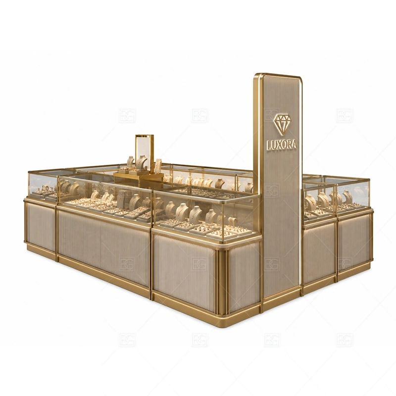 Gold Frame Jewelry Kiosk with Open Display lighting detail for LED strips, showcase spotlights, and warmer jewelry lighting adjusted around gold metal frame, glass display counters, and open shelving accents for the gold frame jewelry kiosk with open display detail set
