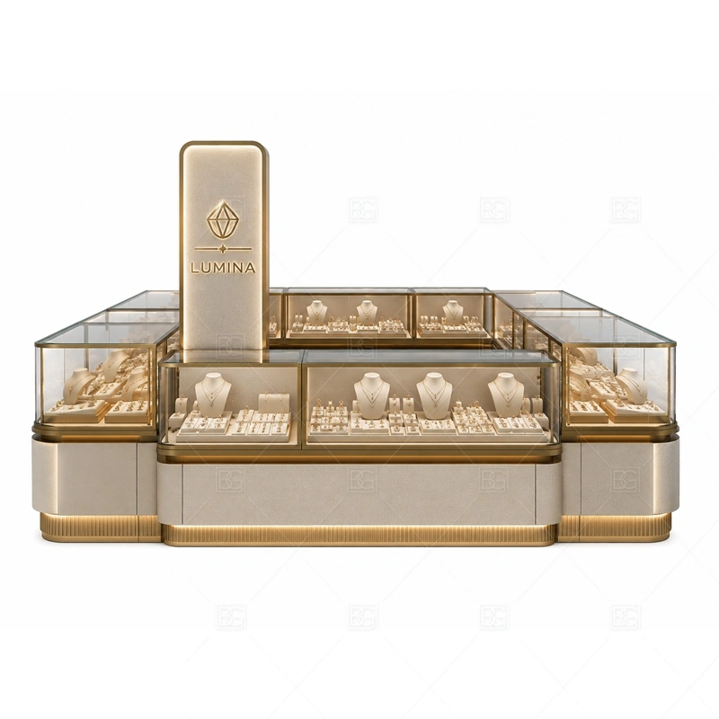 Gold Frame Jewelry Kiosk with Open Display brand signage detail for frame-based logo or sign placement coordinated with warm gold accents for a premium jewelry presentation for the gold frame jewelry kiosk with open display front presentation
