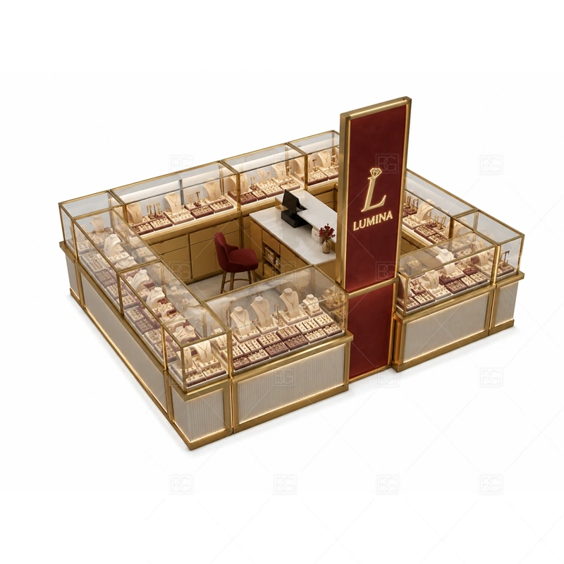 Gold Frame Jewelry Kiosk with Open Display storage and security detail for under-counter tray drawers, lockable stock cabinets, POS space, and packaging storage planned for gold frame jewelry kiosk with open display