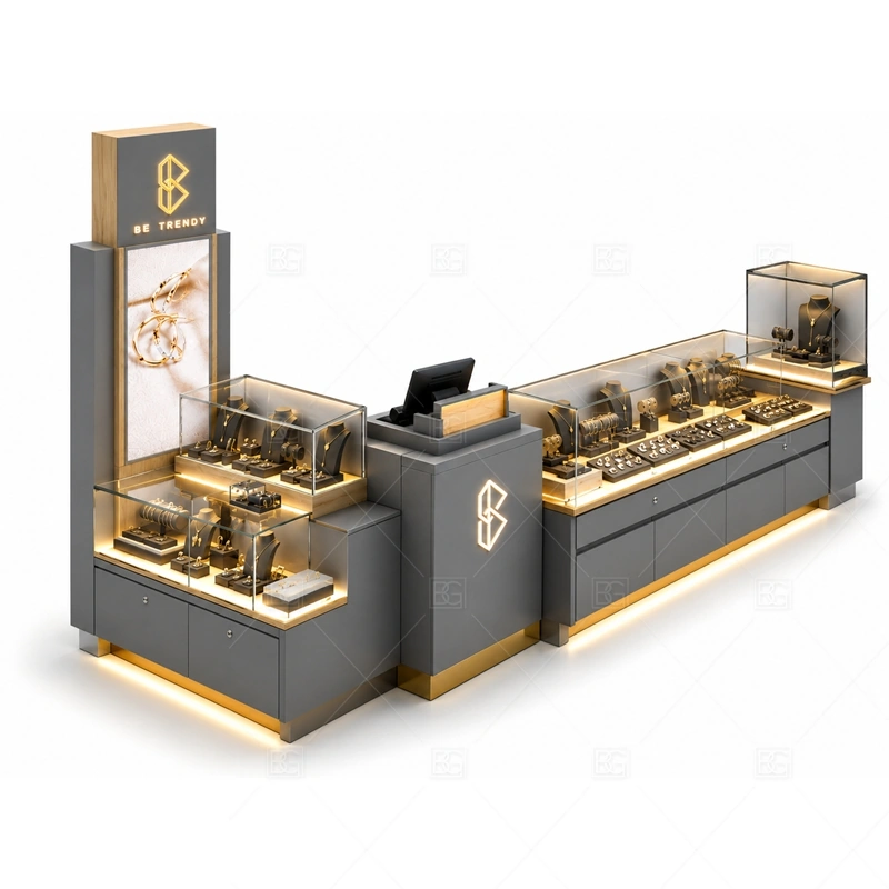 Gray Gold Jewelry Kiosk with Tall Logo with warm gold accents for a premium jewelry presentation shown in the gray gold jewelry kiosk with tall logo product photos, with tall signage planning for long-distance mall visibility