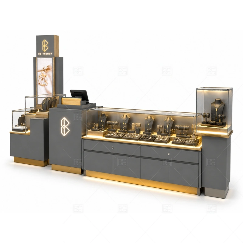 Gray Gold Jewelry Kiosk with Tall Logo layout showing island layout with central logo height shown in the gray gold jewelry kiosk with tall logo product photos, with boutique mall traffic where shoppers need time to inspect small products closely