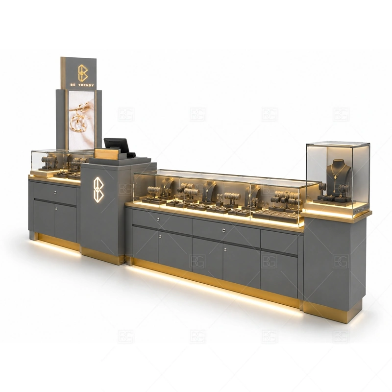 Gray Gold Jewelry Kiosk with Tall Logo glass display detail for glass counters on multiple customer sides planned for rings, necklaces, watches, bracelets, gift sets, and small accessories in the gray gold jewelry kiosk with tall logo layout