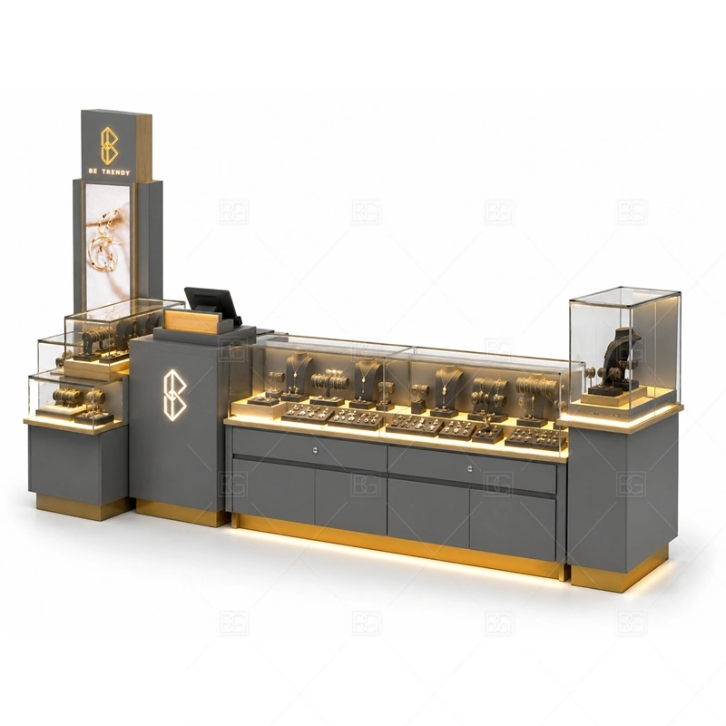 Gray Gold Jewelry Kiosk with Tall Logo lighting detail for LED strips, showcase spotlights, and warmer jewelry lighting adjusted around gray cabinet panels, gold trim, and tempered glass for the gray gold jewelry kiosk with tall logo detail set