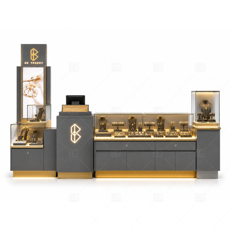Gray Gold Jewelry Kiosk with Tall Logo brand signage detail for tall logo tower for stronger distance recognition coordinated with warm gold accents for a premium jewelry presentation for the gray gold jewelry kiosk with tall logo front presentation