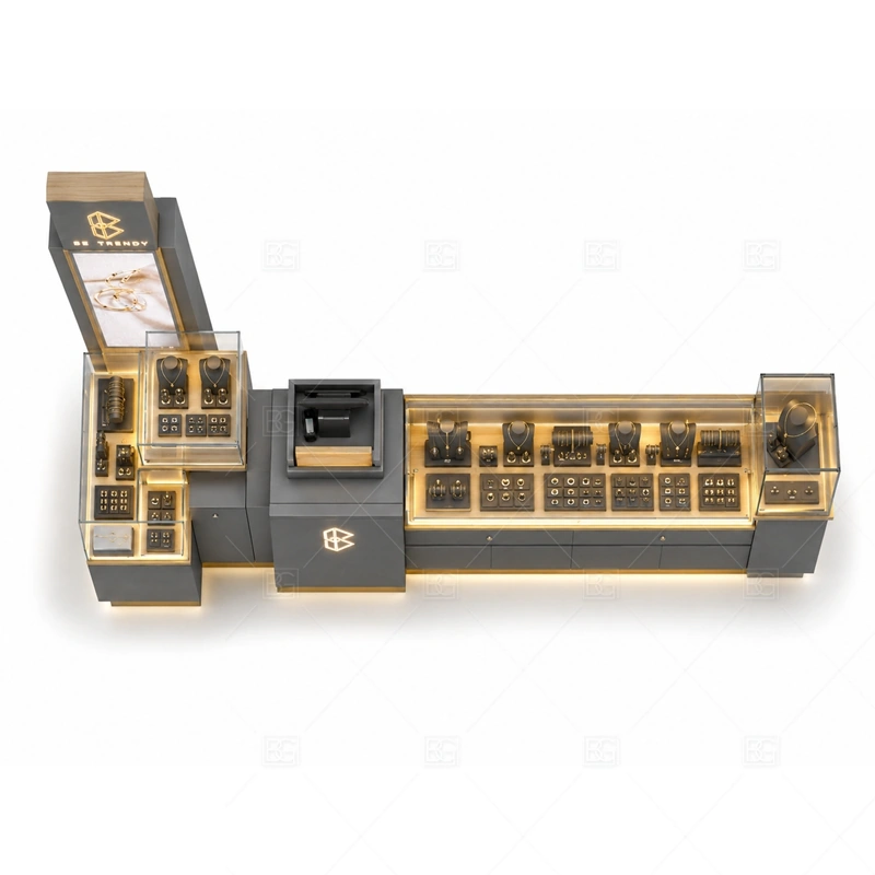 Gray Gold Jewelry Kiosk with Tall Logo storage and security detail for under-counter tray drawers, lockable stock cabinets, POS space, and packaging storage planned for gray gold jewelry kiosk with tall logo