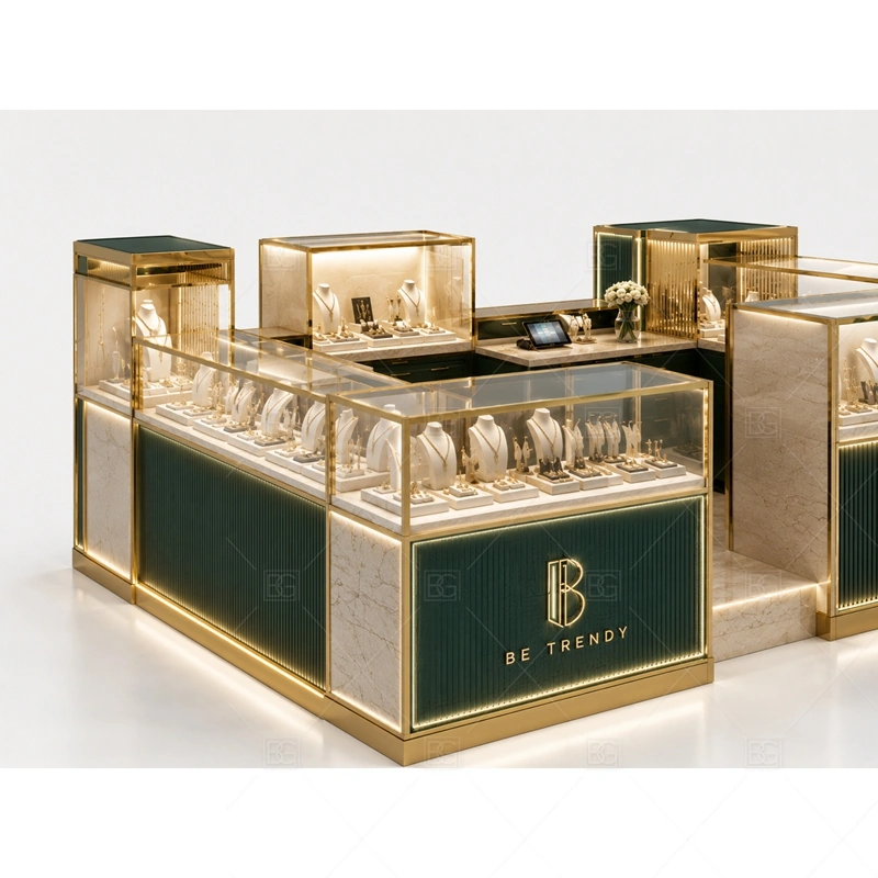 Green Counter Jewelry Kiosk with Glass Cases with green accent panels for a distinctive boutique jewelry identity shown in the green counter jewelry kiosk with glass cases product photos, with glass showcase planning for secure jewelry display and clear product viewing