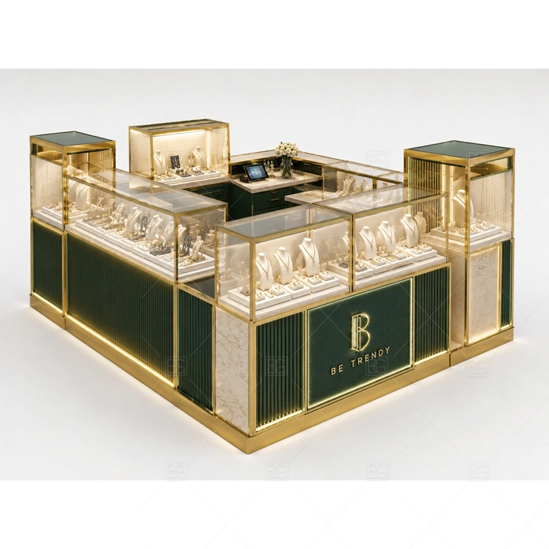 Green Counter Jewelry Kiosk with Glass Cases layout showing counter-focused island layout shown in the green counter jewelry kiosk with glass cases product photos, with gift-shopping traffic where quick browsing and secure staff access need to work together