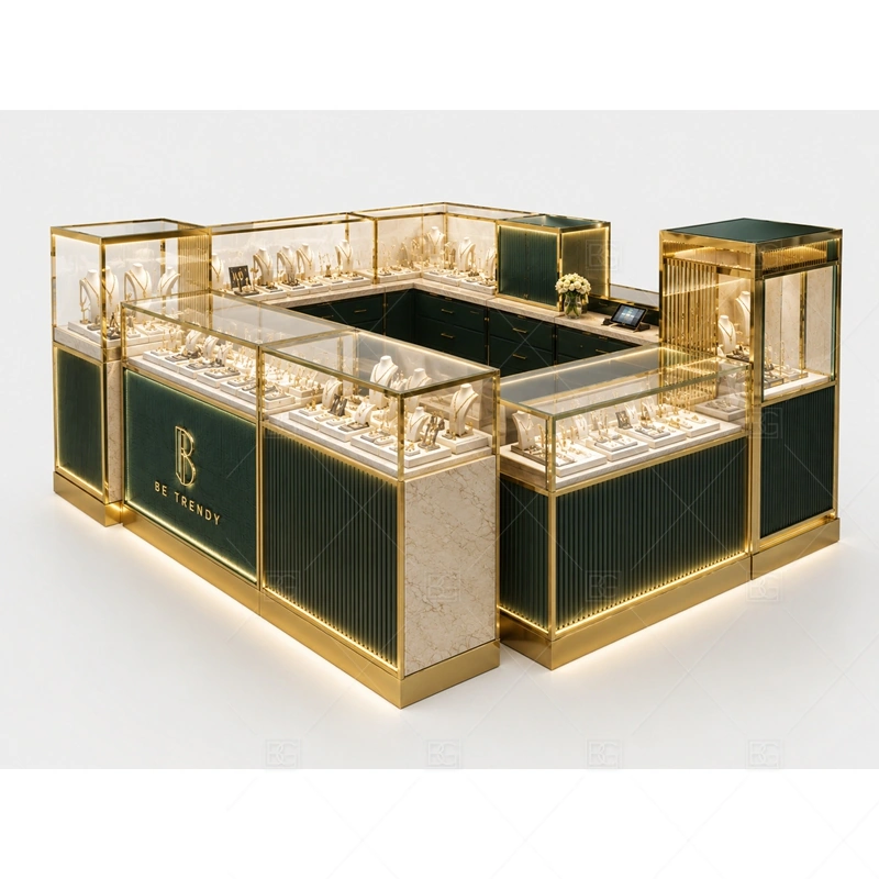 Green Counter Jewelry Kiosk with Glass Cases glass display detail for individual glass cases for organized product groups planned for rings, necklaces, watches, bracelets, gift sets, and small accessories in the green counter jewelry kiosk with glass cases layout