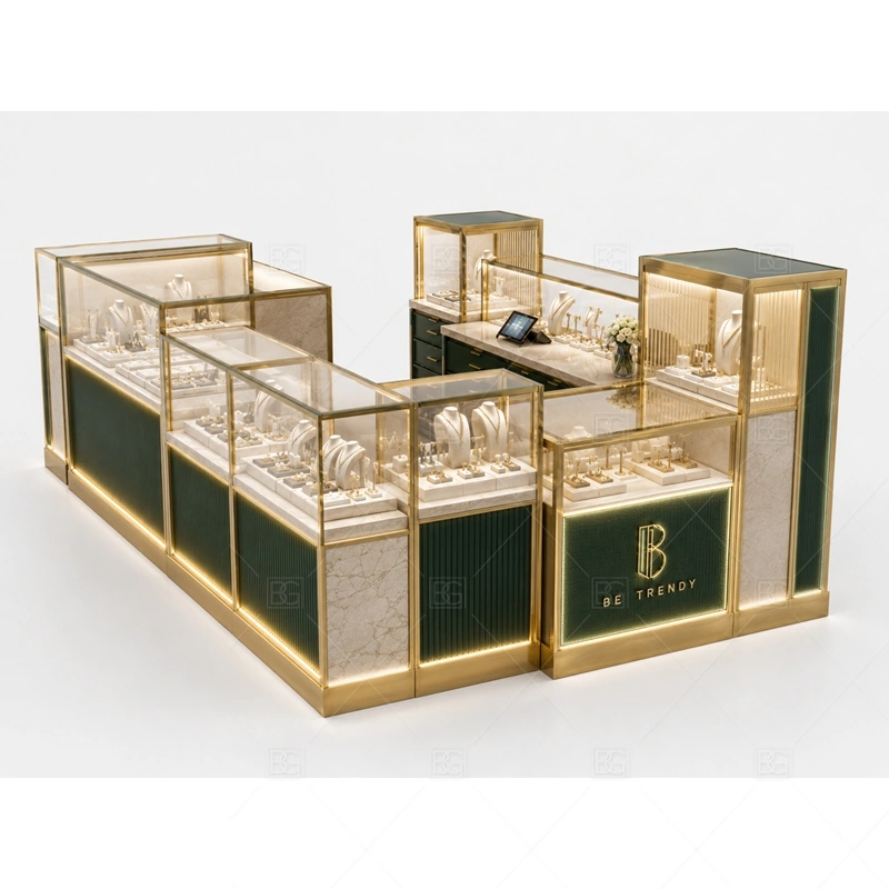 Green Counter Jewelry Kiosk with Glass Cases lighting detail for LED strips, showcase spotlights, and warmer jewelry lighting adjusted around green cabinet finish, tempered glass cases, and metal trim for the green counter jewelry kiosk with glass cases detail set
