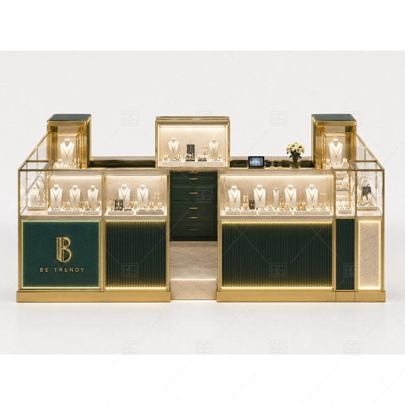 Green Counter Jewelry Kiosk with Glass Cases brand signage detail for front logo and optional illuminated side graphics coordinated with green accent panels for a distinctive boutique jewelry identity for the green counter jewelry kiosk with glass cases front presentation