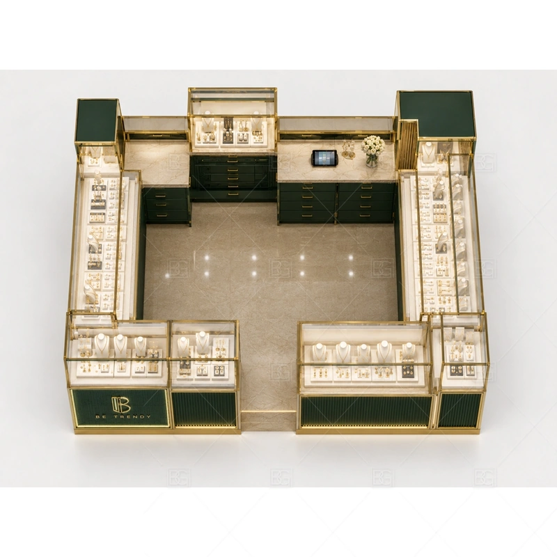 Green Counter Jewelry Kiosk with Glass Cases storage and security detail for under-counter tray drawers, lockable stock cabinets, POS space, and packaging storage planned for green counter jewelry kiosk with glass cases