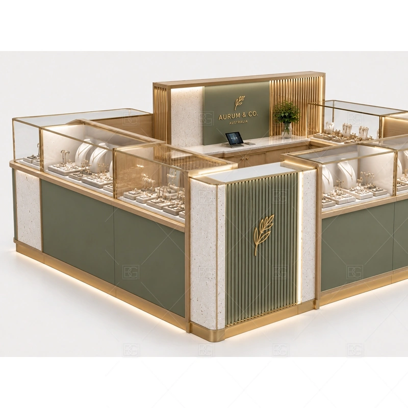 Green Fluted Jewelry Kiosk with Gold Trim with warm gold accents for a premium jewelry presentation shown in the green fluted jewelry kiosk with gold trim product photos, with fluted panel details for a richer custom fixture texture