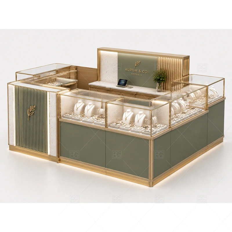 Green Fluted Jewelry Kiosk with Gold Trim layout showing premium textured island layout shown in the green fluted jewelry kiosk with gold trim product photos, with corridor traffic where the front sign must be readable before shoppers pass the counter