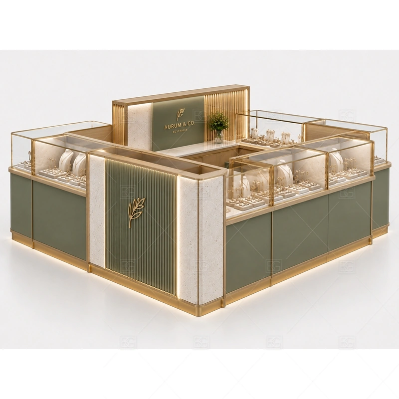 Green Fluted Jewelry Kiosk with Gold Trim glass display detail for glass counters with decorative fluted bases planned for rings, necklaces, watches, bracelets, gift sets, and small accessories in the green fluted jewelry kiosk with gold trim layout