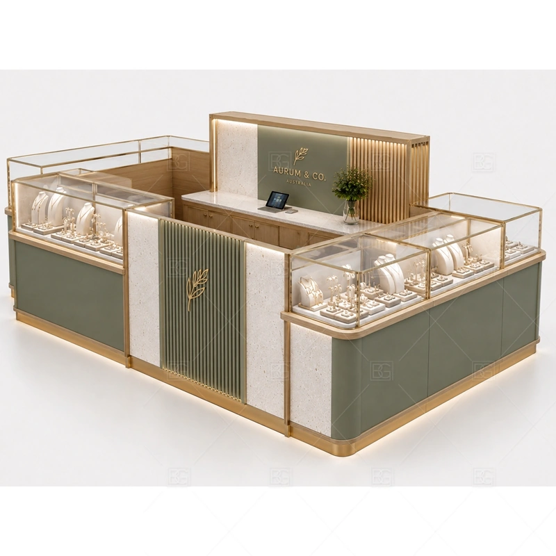 Green Fluted Jewelry Kiosk with Gold Trim lighting detail for LED strips, showcase spotlights, and warmer jewelry lighting adjusted around fluted green cladding, gold metal trim, and glass showcases for the green fluted jewelry kiosk with gold trim detail set