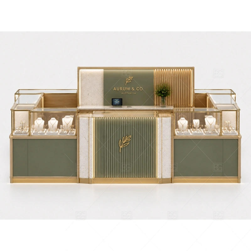 Green Fluted Jewelry Kiosk with Gold Trim brand signage detail for gold-trimmed logo and front identity panels coordinated with warm gold accents for a premium jewelry presentation for the green fluted jewelry kiosk with gold trim front presentation