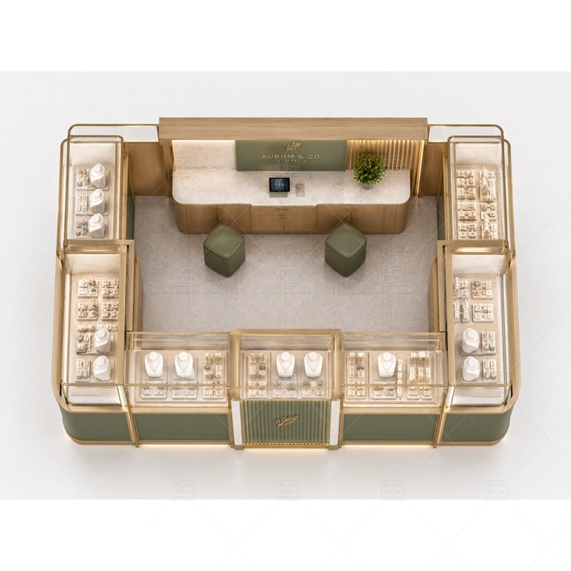 Green Fluted Jewelry Kiosk with Gold Trim storage and security detail for under-counter tray drawers, lockable stock cabinets, POS space, and packaging storage planned for green fluted jewelry kiosk with gold trim