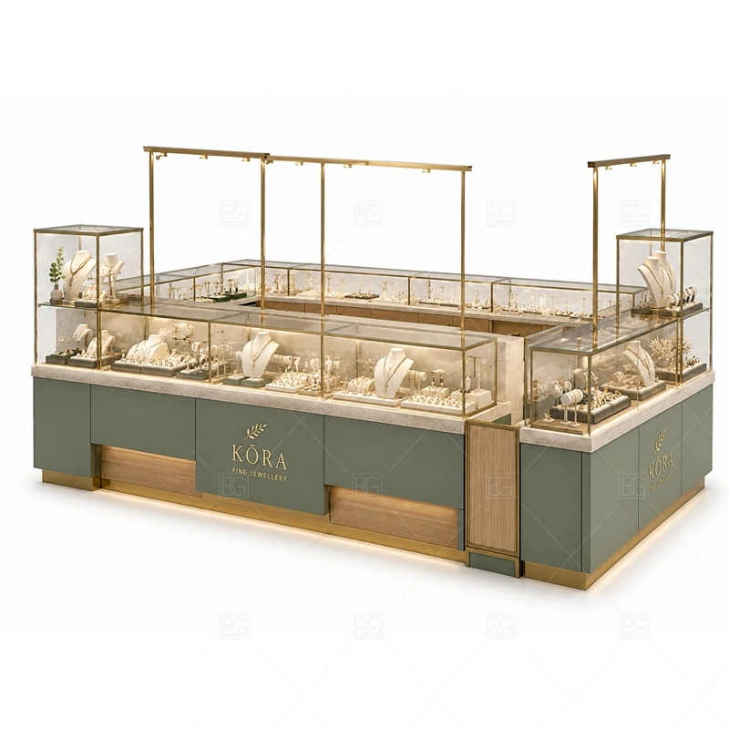 Green Gold Jewelry Kiosk with Glass Display with warm gold accents for a premium jewelry presentation shown in the green gold jewelry kiosk with glass display product photos, with glass showcase planning for secure jewelry display and clear product viewing