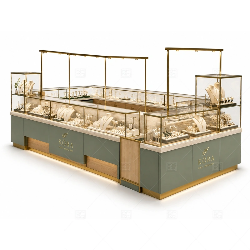 Green Gold Jewelry Kiosk with Glass Display layout showing mall island display layout shown in the green gold jewelry kiosk with glass display product photos, with premium retail traffic where lighting, glass clarity, and brand finish affect purchase confidence