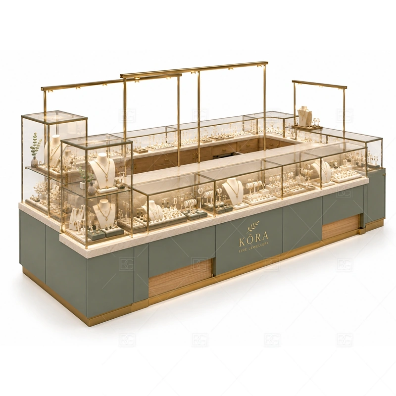Green Gold Jewelry Kiosk with Glass Display glass display detail for glass display counters for jewelry and accessories planned for rings, necklaces, watches, bracelets, gift sets, and small accessories in the green gold jewelry kiosk with glass display layout