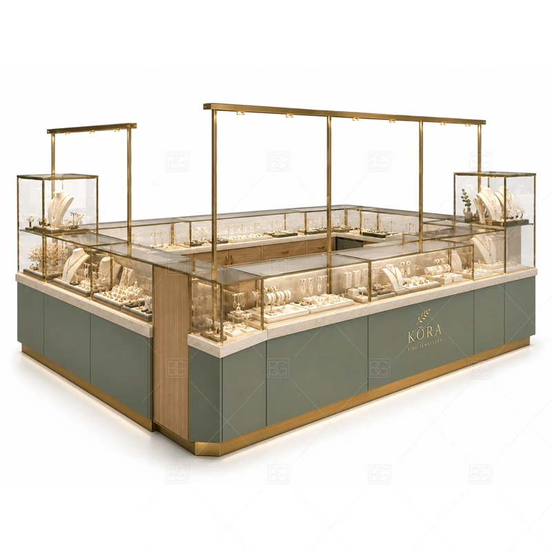 Green Gold Jewelry Kiosk with Glass Display lighting detail for LED strips, showcase spotlights, and warmer jewelry lighting adjusted around green panels, gold trim, and tempered glass for the green gold jewelry kiosk with glass display detail set